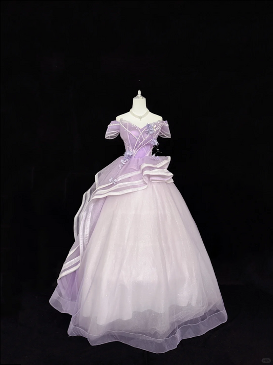 Lavender Off-the-Shoulder Cinched Waist Voluminous Princess Skirt Long Romantic Dress, Wedding Gown gh7874