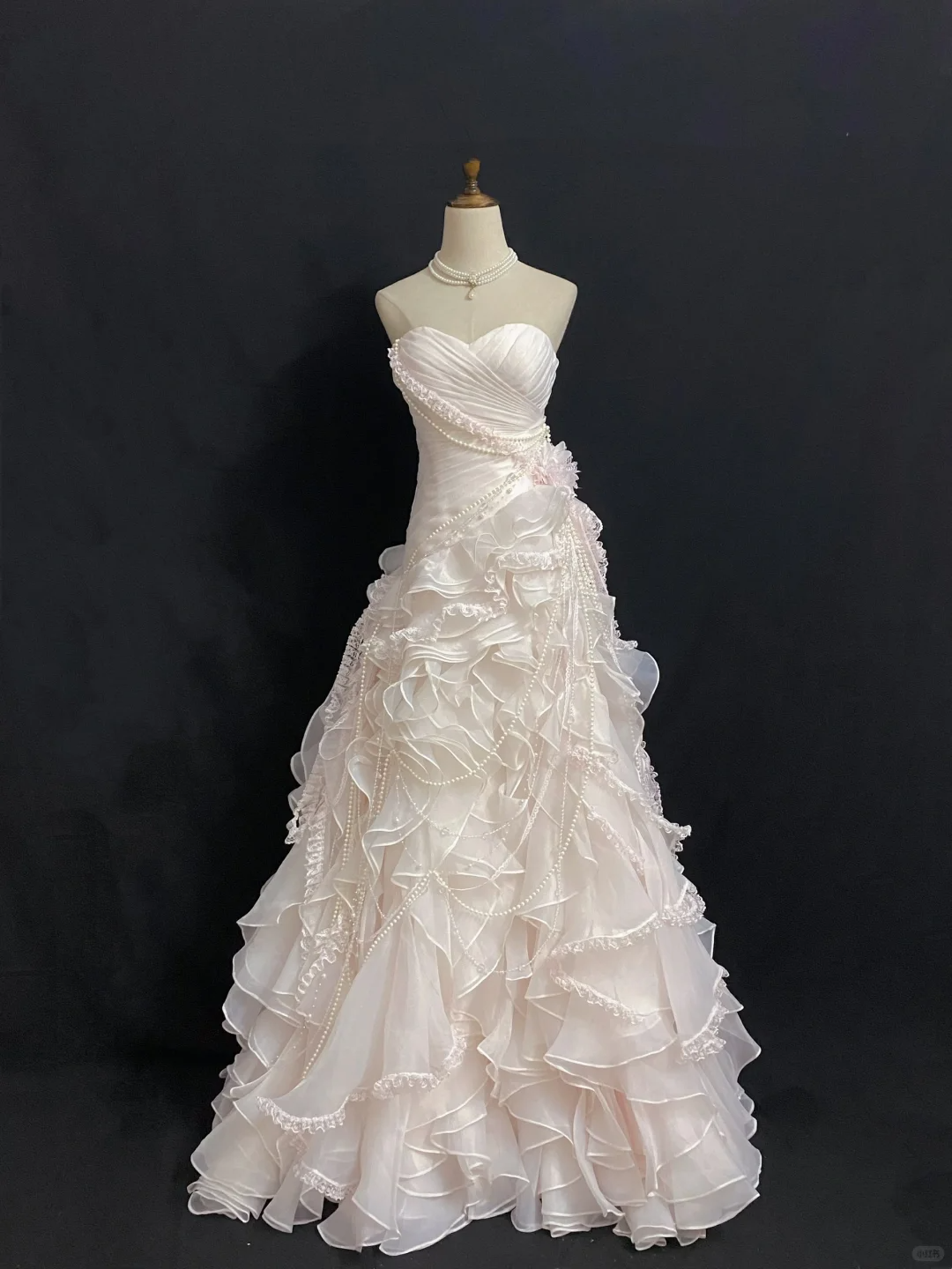 Blush Pink Floral Strapless Wedding Dress, Cinched Waist, Long Puffy Skirt gh8273