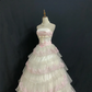 Blush Pink Strapless Romantic Gown with Embroidered Lace Trim, Fitted Waist and Fluffy Tiered Cake Skirt, Wedding Dress & Bridal Gown gh8323