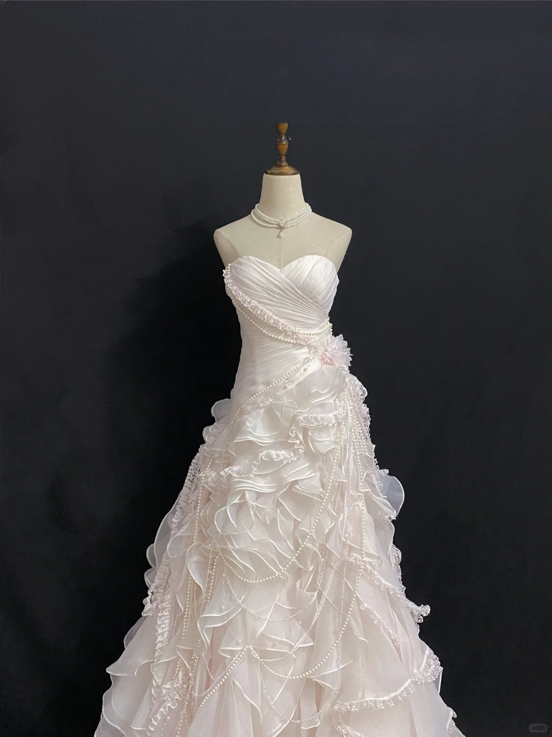 Blush Pink Floral Strapless Wedding Dress, Cinched Waist, Long Puffy Skirt gh8273