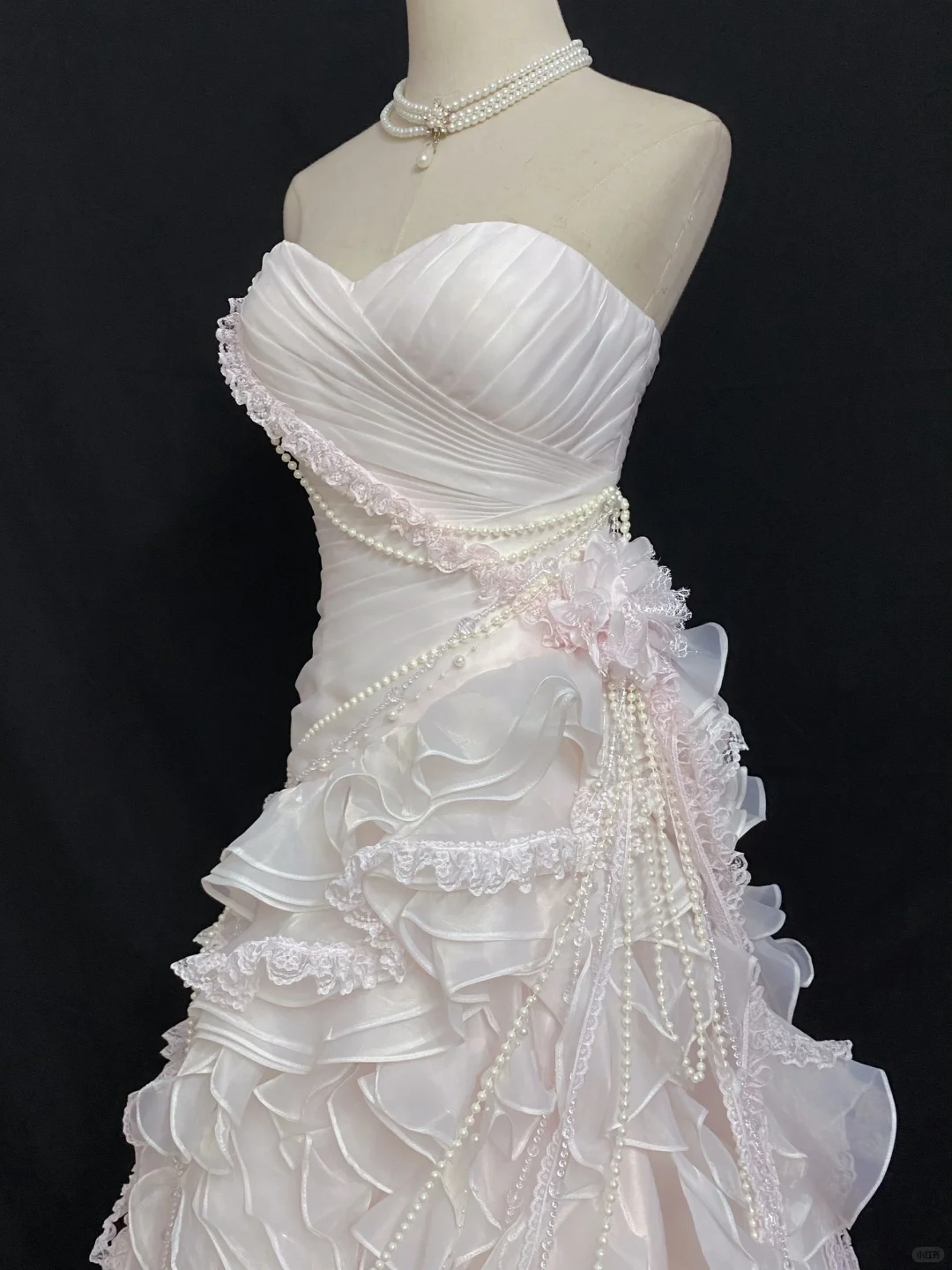 Blush Pink Floral Strapless Wedding Dress, Cinched Waist, Long Puffy Skirt gh8273