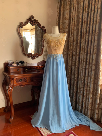 Orange Bodice Spliced Light Blue Skirt Prom Gown, Evening Formal Dress gh7243