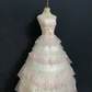 Blush Pink Strapless Romantic Gown with Embroidered Lace Trim, Fitted Waist and Fluffy Tiered Cake Skirt, Wedding Dress & Bridal Gown gh8323
