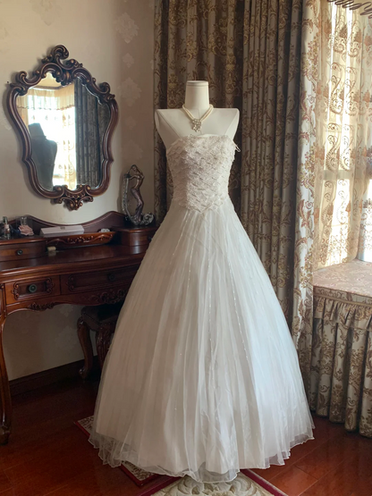 White Strapless Fitted Waist Voluminous Skirt Prom Gown, Birthday Party Dress, Wedding Bridal Gown gh7273