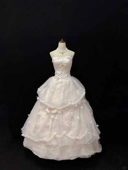 Blush Pink Strapless Romantic Dress With Rhinestones, Cinched Waist, Voluminous Tiered Skirt, Wedding Gown gh8097