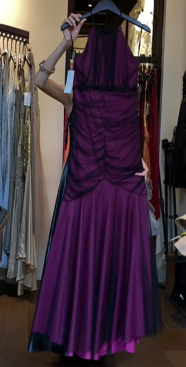 Halter Dark Purple Prom Dress Mesh Ruched Black Tulle Overlay A Line Formal Evening Gown gh9822