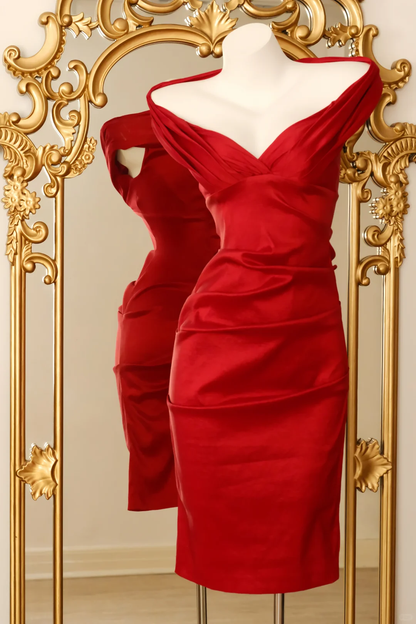 Red Satin Short Formal Dress, Off Shoulder, V-Neck, Ruched Bodycon Knee-Length Vintage Prom Gown gh9572