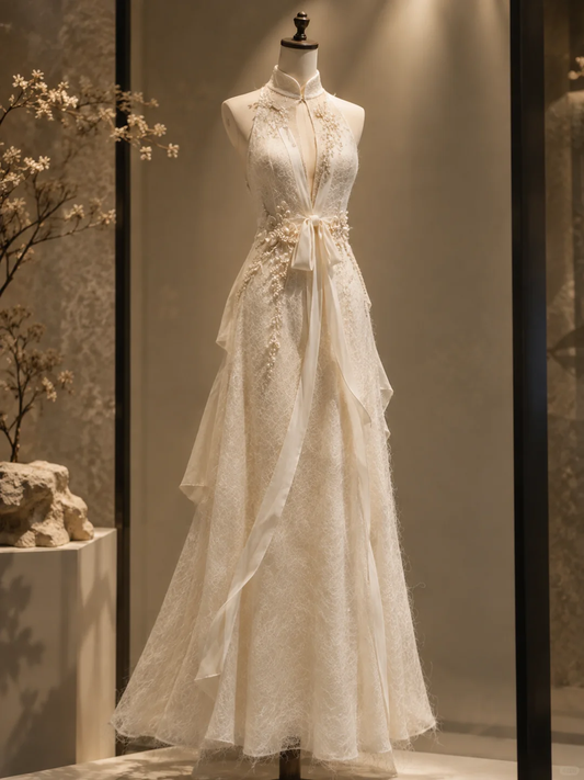 ✨Girlhomeshops-New Chinese Halter High Neck Lace Wedding Gown, Beaded Floral Bridal Dress with Bow gh10335