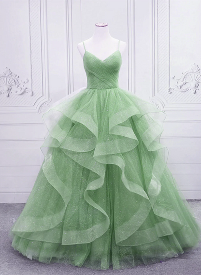 Green/blue long shiny elegant spaghetti straps long ruffled organza ball gown evening dress quinceanera dress gh903