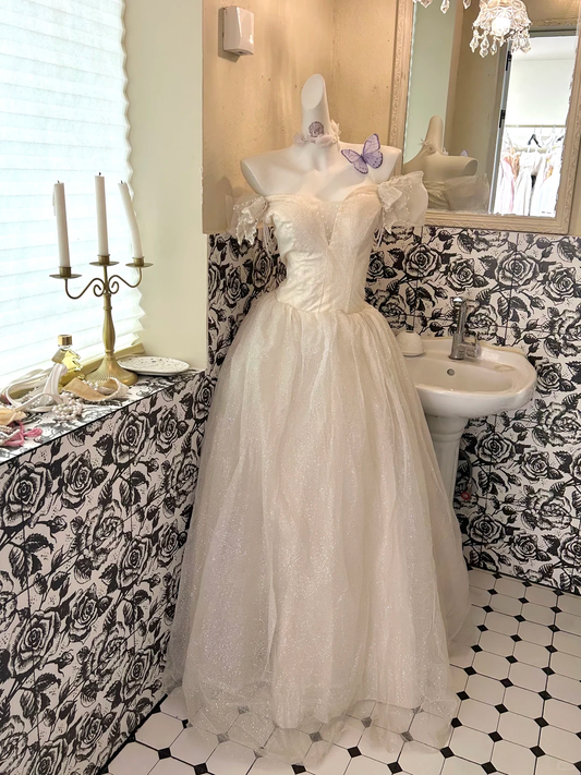 Ivory Off-the-Shoulder Cinched Waist Full Flared Skirt Long Elegant Romantic Dress, Wedding Gown gh7787