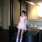 Women Sweet Light Pink Sleeveless Homecoming Dress Square Neck White Bow Asymmetric Ruffle Short Party Dress gh9415