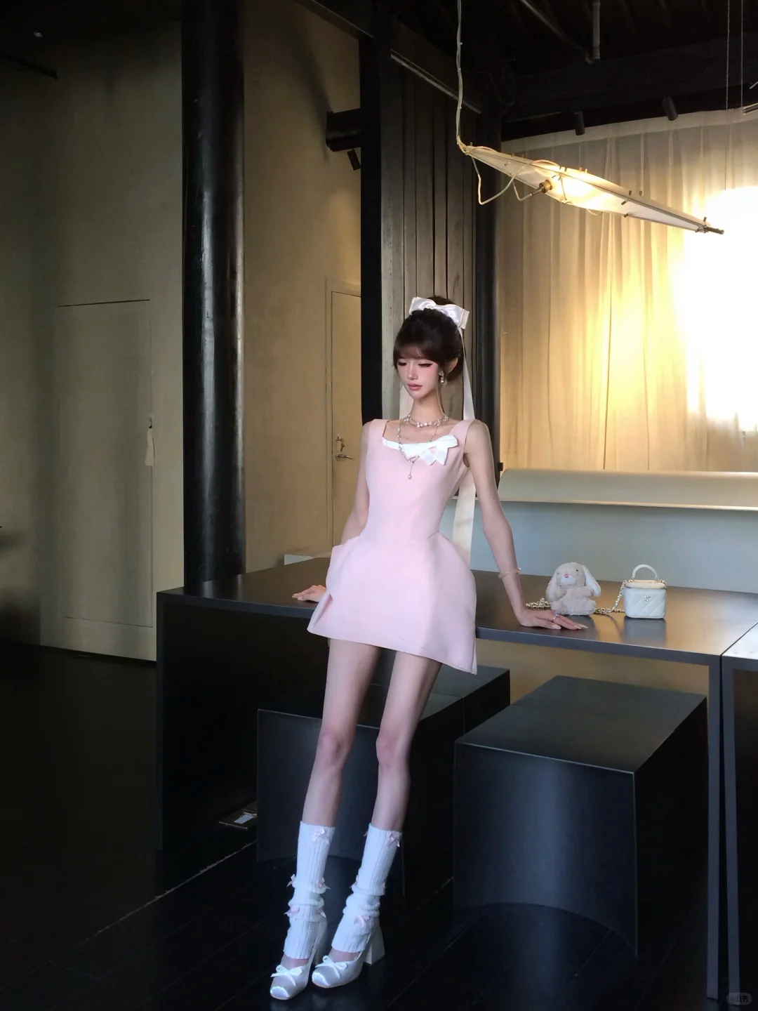 Women Sweet Light Pink Sleeveless Homecoming Dress Square Neck White Bow Asymmetric Ruffle Short Party Dress gh9415