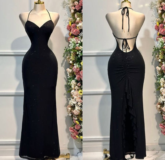 Schwarzes glänzendes Mode-Hosenträger-reizvolles langes Satin-Abschlussballkleid-Abendkleid-Cocktailpartykleid gh4940