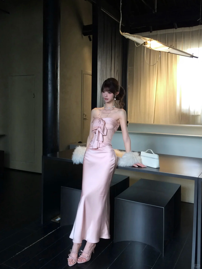 Women Elegant Nude Pink Strapless Satin Evening Dress Big Bow Boned Corset Mermaid Long Prom Gown gh9430