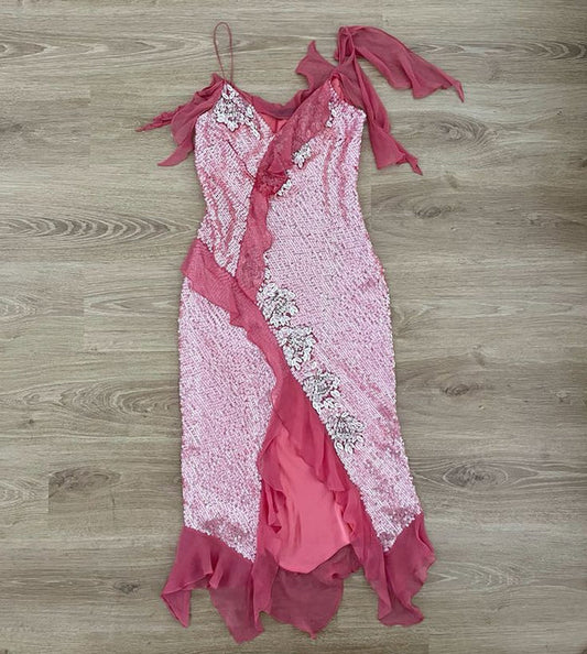 Rosa Wunderschönes glänzendes langes elegantes Rüschen-Pailletten-Ballkleid-Abendkleid-Partykleid gh3258