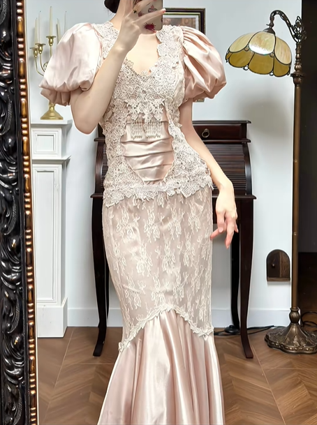 Light Pink Vintage Satin Lace Prom Gown, V‑Neck Puff Short Sleeves, Lace Tassel Cutout Fitted Waist, Lace‑Satin Mermaid Skirt, Evening Prom Dress gh8731