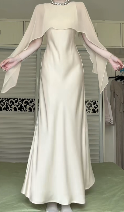 Beige Satin Cape Long Evening Gown, Round Neck Sheer Chiffon Cape Overlay Formal Prom Dress gh9020