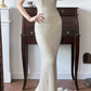 Silver‑White Sequin Vintage Prom Gown, Strapless Straight Bandeau Neckline, All‑Over Beaded Sequin Fitted Mermaid Silhouette, Long Mermaid Train, Sexy Vintage Evening Prom Dress gh8784