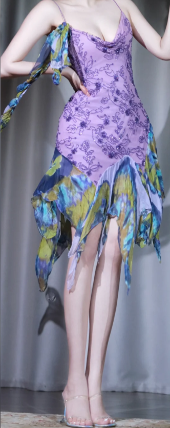 ✨Girlhomeshops-Lavender Beaded Cocktail Party Dress Spaghetti Strap Watercolor Print Irregular Ruffle Hem Evening Gown gh10039