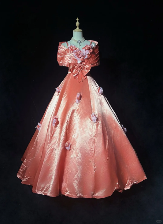 Off Shoulder Peach Orange Satin Prom Dress Pleated Neckline 3D Floral A-Line Formal Ball Gown gh9555