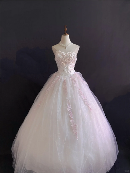 Blush Pink Floral Strapless Romantic Gown, Cinched Waist & Voluminous Princess Skirt, Wedding Dress & Bridal Gown gh8228