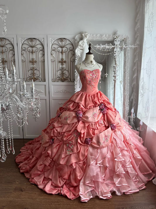Pink Strapless Fitted Waist Puffy Tulle Skirt Prom Gown, Evening Gown & Bridal Wedding Gown gh7355