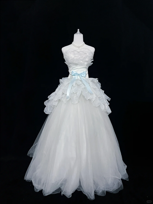 White Strapless with Ruffle Trim, Cinched Waist, Elegant A-Line Skirt Long Romantic Dress, Wedding Gown gh8059
