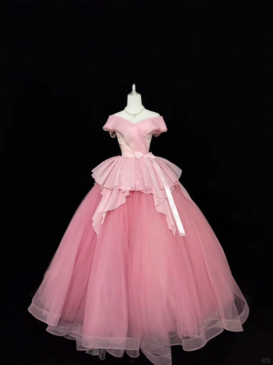 Blush Pink Off-the-Shoulder Soft Cinched Waist Voluminous Skirt Long Romantic Dress, Wedding Gown gh7875