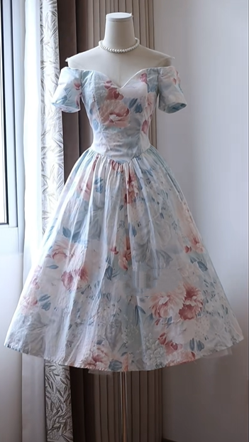 Watercolor Floral Print Off Shoulder Sweetheart Prom Dress Short Puff Sleeve A-Line Tea Length Formal Party Gown gh9459