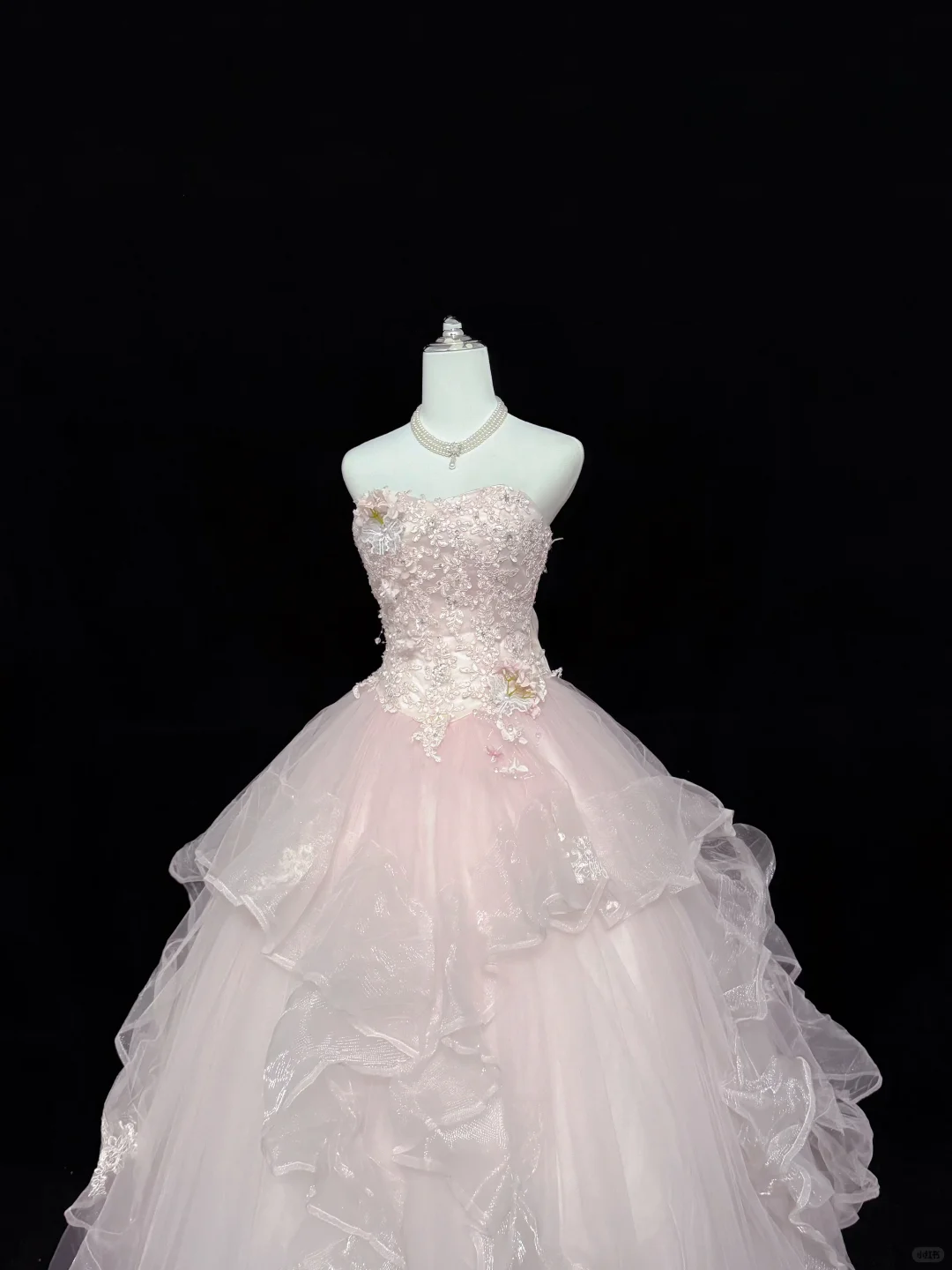 Blush Pink Strapless Gown with 3D Florals, Cinched Waist & Voluminous Princess Skirt, Romantic Wedding Dress gh7923