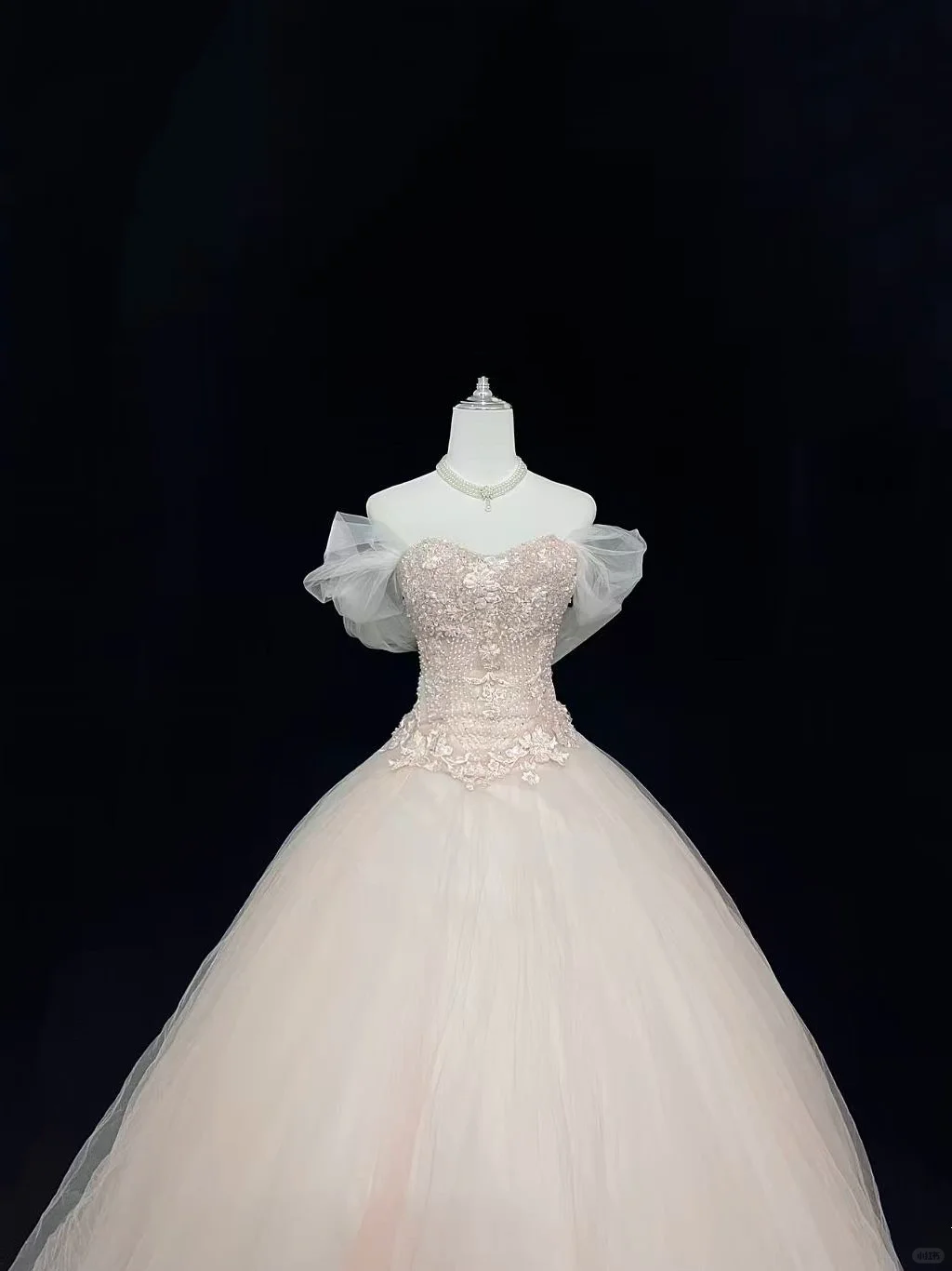 Blush Pink Soft Off-the-Shoulder Cinched Waist Embroidered Voluminous Princess Skirt Romantic Dress, Wedding Gown gh8009