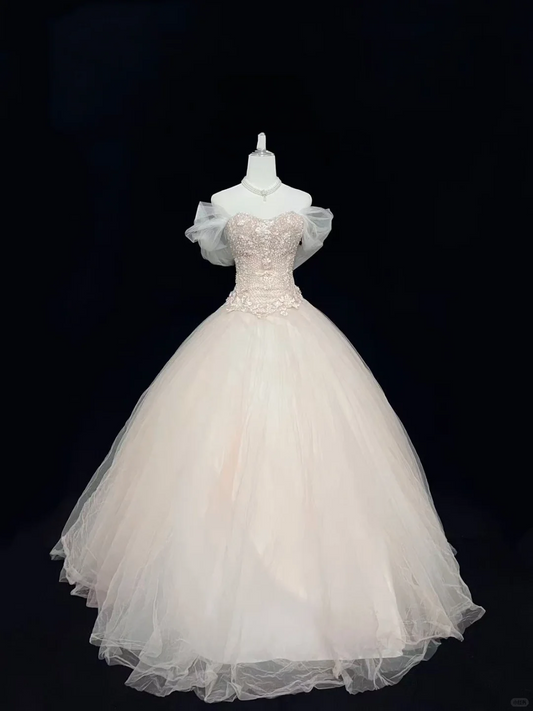 Blush Pink Soft Off-the-Shoulder Cinched Waist Embroidered Voluminous Princess Skirt Romantic Dress, Wedding Gown gh8009