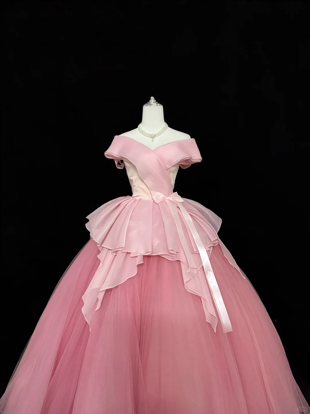 Blush Pink Off-the-Shoulder Soft Cinched Waist Voluminous Skirt Long Romantic Dress, Wedding Gown gh7875