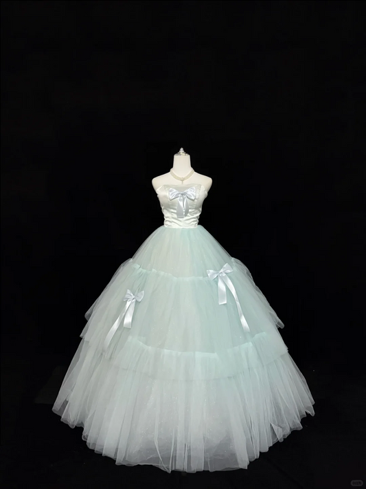 Satin Strapless Light Green Voluminous Skirt Long Romantic Dress, Wedding Gown gh7839
