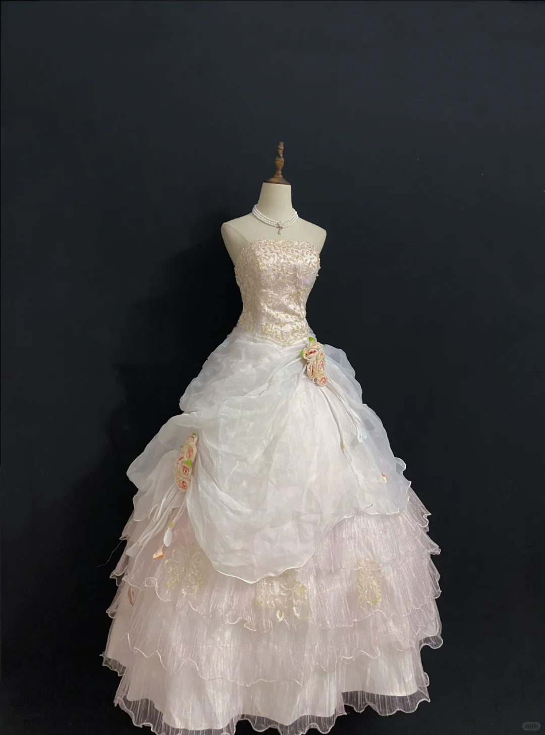 Blush Pink Strapless Long Romantic Gown with Beaded Decorations, Fitted Waist and Fluffy Princess Skirt, Wedding Dress & Bridal Gown gh8324