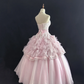 Pink Strapless Romantic Dress With Lace, Cinched Waist, Voluminous Elegant Vintage Skirt, Wedding Gown gh8098