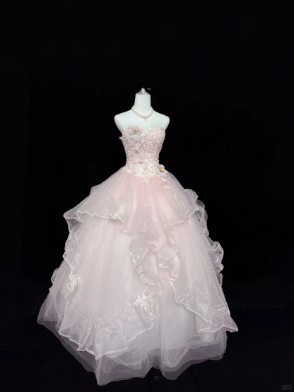 Blush Pink Strapless Gown with 3D Florals, Cinched Waist & Voluminous Princess Skirt, Romantic Wedding Dress gh7923