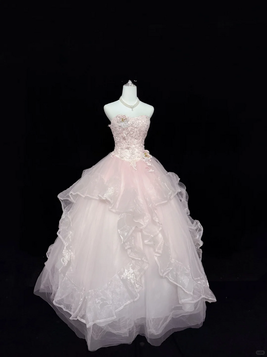 Blush Pink Strapless Gown with 3D Florals, Cinched Waist & Voluminous Princess Skirt, Romantic Wedding Dress gh7923
