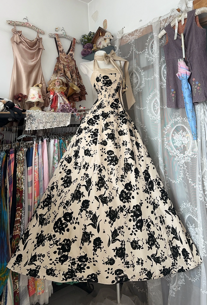 Vintage Rose Halter Neck Fitted Waist Elegant A-Line Skirt Prom Dress, Evening Gown gh7200