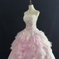Pink Strapless Romantic Dress With Lace, Cinched Waist, Voluminous Elegant Vintage Skirt, Wedding Gown gh8098