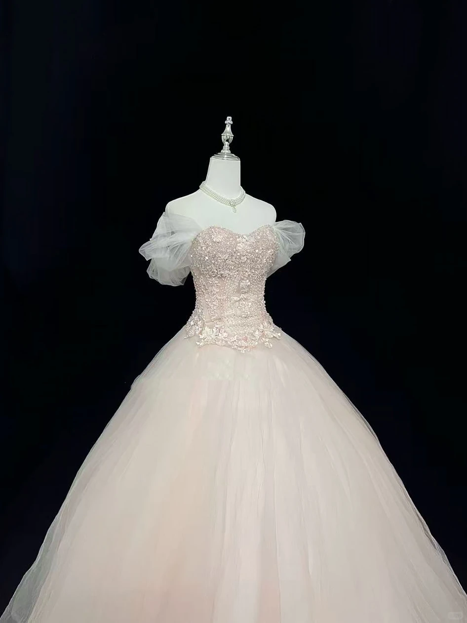 Blush Pink Soft Off-the-Shoulder Cinched Waist Embroidered Voluminous Princess Skirt Romantic Dress, Wedding Gown gh8009