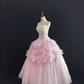 Pink Strapless Romantic Dress With Lace, Cinched Waist, Voluminous Elegant Vintage Skirt, Wedding Gown gh8098