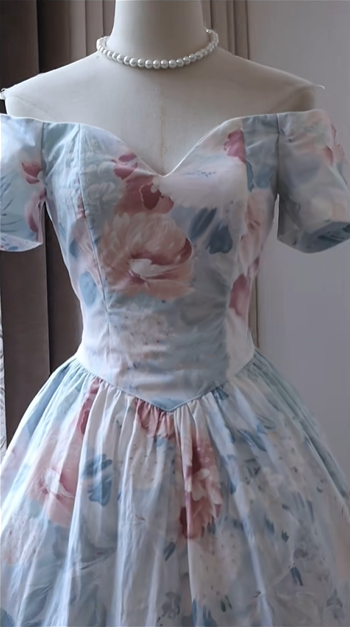 Watercolor Floral Print Off Shoulder Sweetheart Prom Dress Short Puff Sleeve A-Line Tea Length Formal Party Gown gh9459