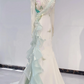 Light Green & White Color Block Waist-Cinched Fitted Grand Long Evening Dress, Fairy Gown, Romantic Gown gh7391