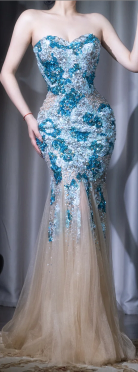 ✨Girlhomeshops-Strapless Sweetheart Mermaid Prom Gown Blue White Ombre Sequin Beaded High Slit Champagne Tulle Train Evening Dress gh10072