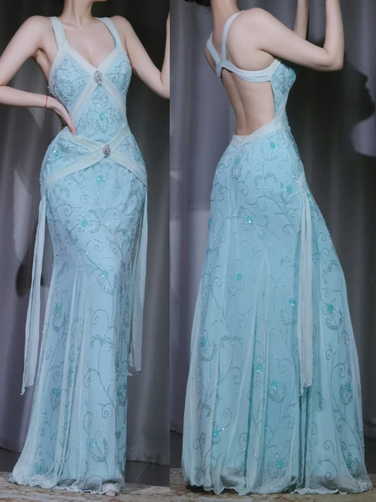 girlhomeshops-Blue exquisite floral vintage elegant long chiffon evening dress prom dress party dress gh5914