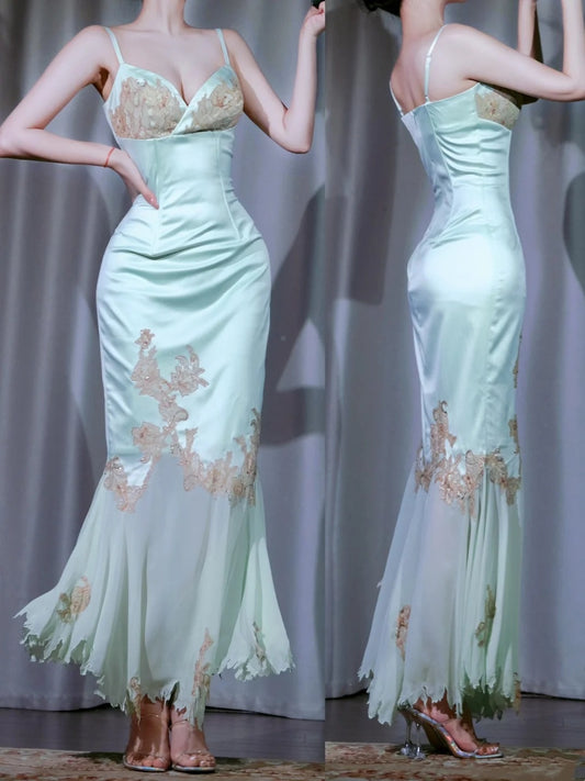 girlhomeshops-Retro Fashion Green Flower Long Satin Chiffon Evening Dress Prom Dress gh5911