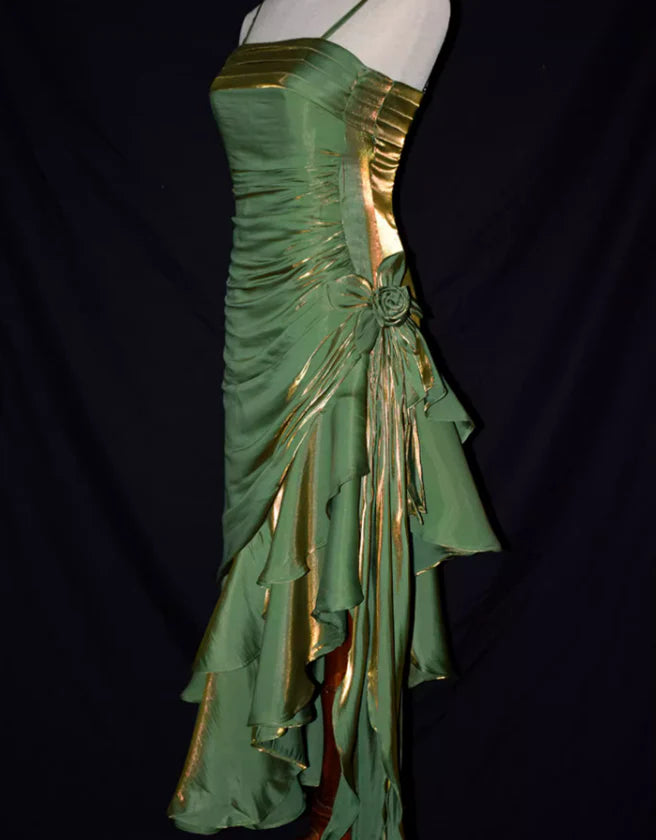 Robe de soirée longue en satin bleu brillant et élégant à bretelles spaghetti gh3489