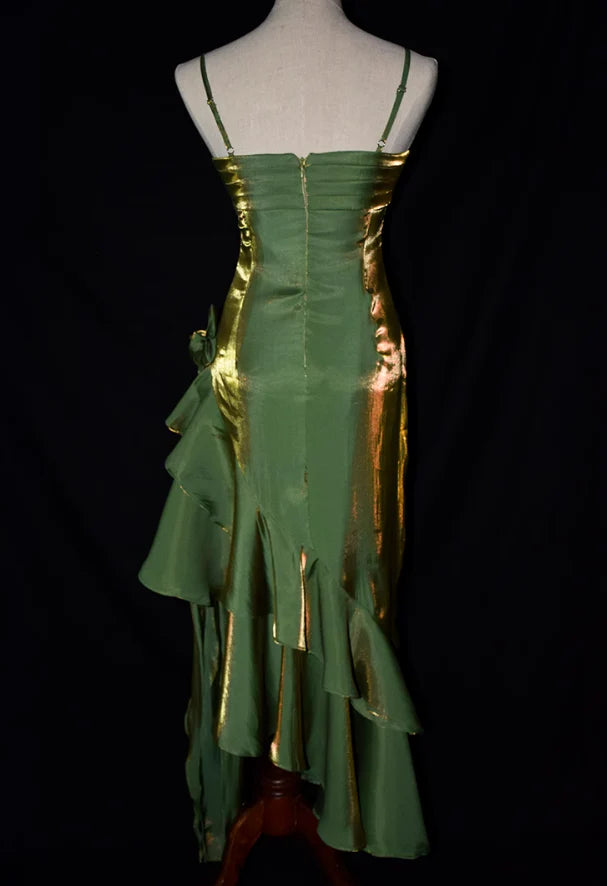 Robe de soirée longue en satin bleu brillant et élégant à bretelles spaghetti gh3489