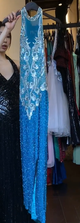 Royal Blue Halter Illusion Neck Sequin Hand Beaded Rhinestone High Slit Long Evening Prom Dress gh9779